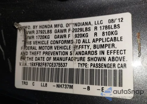 2012 Honda Civic Ex from USA, damaged, VIN 19XFB2F87CE375537